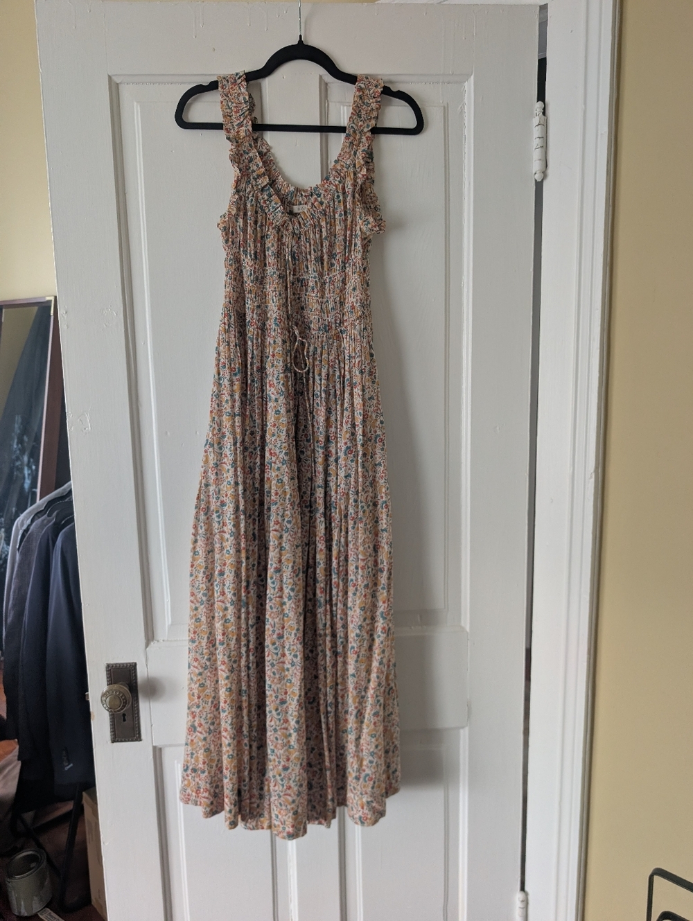 Doen Floral Smocked Maxi Dress in Cream and Blue